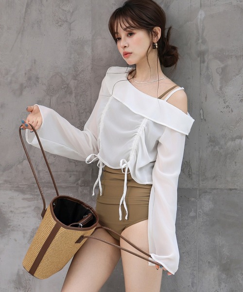 TeddyShop（テディショップ）の「レディース水着 長袖シアーアシメリボントップス+ウエストギャザーオールインワン水着 2点セット（水着・レディース・ベージュ系その他/ブラック・S/M/L/LL）」の17枚目の写真