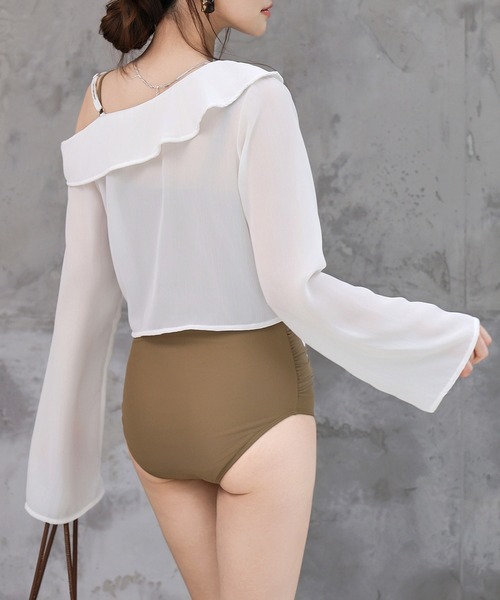 TeddyShop（テディショップ）の「レディース水着 長袖シアーアシメリボントップス+ウエストギャザーオールインワン水着 2点セット（水着・レディース・ベージュ系その他/ブラック・S/M/L/LL）」の18枚目の写真