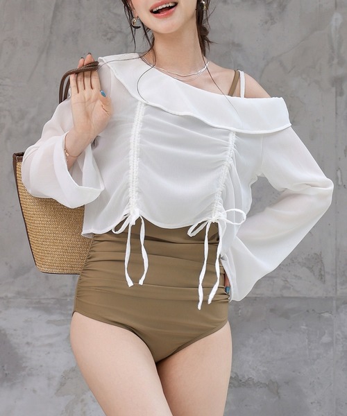 TeddyShop（テディショップ）の「レディース水着 長袖シアーアシメリボントップス+ウエストギャザーオールインワン水着 2点セット（水着・レディース・ベージュ系その他/ブラック・S/M/L/LL）」の22枚目の写真