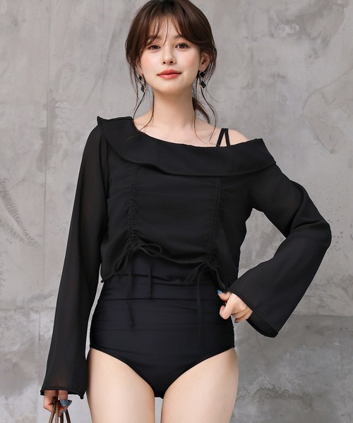 TeddyShop（テディショップ）の「レディース水着 長袖シアーアシメリボントップス+ウエストギャザーオールインワン水着 2点セット（水着・レディース・ベージュ系その他/ブラック・S/M/L/LL）」の3枚目の写真