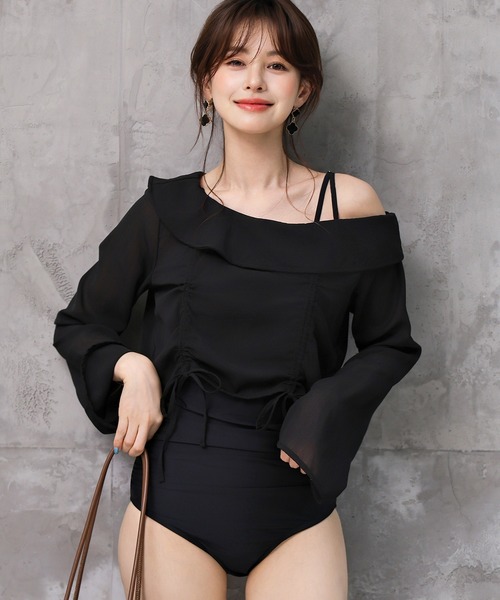 TeddyShop（テディショップ）の「レディース水着 長袖シアーアシメリボントップス+ウエストギャザーオールインワン水着 2点セット（水着・レディース・ベージュ系その他/ブラック・S/M/L/LL）」の4枚目の写真