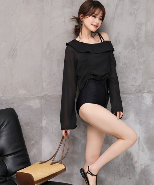 TeddyShop（テディショップ）の「レディース水着 長袖シアーアシメリボントップス+ウエストギャザーオールインワン水着 2点セット（水着・レディース・ベージュ系その他/ブラック・S/M/L/LL）」の7枚目の写真