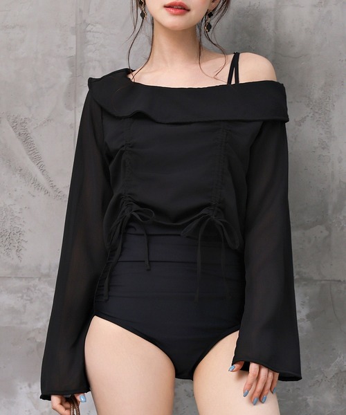 TeddyShop（テディショップ）の「レディース水着 長袖シアーアシメリボントップス+ウエストギャザーオールインワン水着 2点セット（水着・レディース・ベージュ系その他/ブラック・S/M/L/LL）」の8枚目の写真