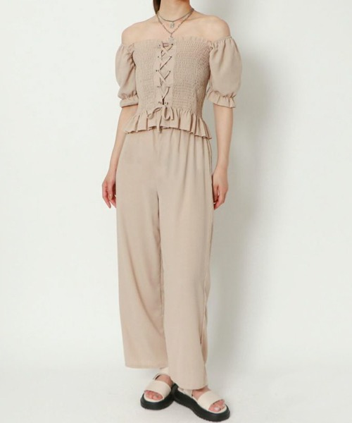 GORGE(ゴージ)の「《シャーリング×レースアップ》レディース セットアップ 上下セット 体型カバー 春夏秋(パンツドレス・レディース・ブラック/ピンク/ベージュ/ミント・F)」の1枚目の写真