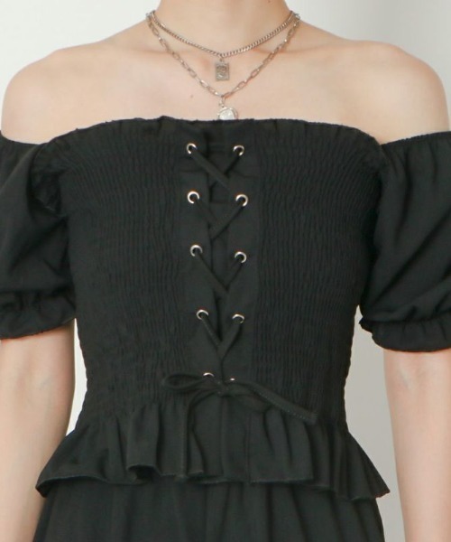 GORGE(ゴージ)の「《シャーリング×レースアップ》レディース セットアップ 上下セット 体型カバー 春夏秋(パンツドレス・レディース・ブラック/ピンク/ベージュ/ミント・F)」の5枚目の写真