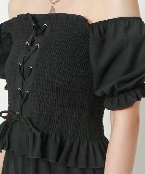 GORGE(ゴージ)の「《シャーリング×レースアップ》レディース セットアップ 上下セット 体型カバー 春夏秋(パンツドレス・レディース・ブラック/ピンク/ベージュ/ミント・F)」の8枚目の写真