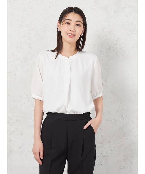HARUYAMA(ハルヤマ)の「【UVカット】バンドカラ-ブラウス 5分袖 透けにくい ウォッシャブル SOFFICE(シャツ/ブラウス・レディース・ライトグレー/ライトグリーン/ホワイト・S/M/L/LL)」の1枚目の写真