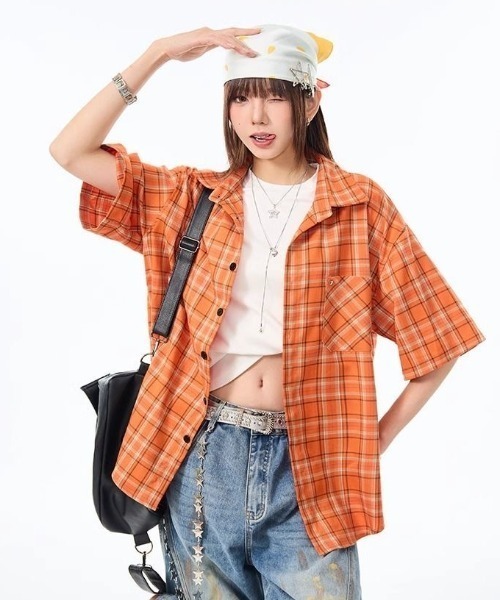 FreeZone(フリーゾーン)の「ビビッドチェックオーバーシャツ(シャツ/ブラウス・メンズ・オレンジ・F)」の8枚目の写真