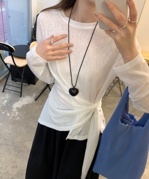 Dream garden(ドリームガーデン)の「ウエストリボン アシンメトリー トップス(Tシャツ/カットソー・レディース・ホワイト/ピンク/ベージュ・FREE)」の8枚目の写真