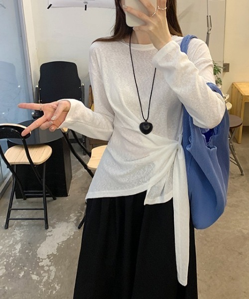 Dream garden(ドリームガーデン)の「ウエストリボン アシンメトリー トップス(Tシャツ/カットソー・レディース・ホワイト/ピンク/ベージュ・FREE)」の7枚目の写真