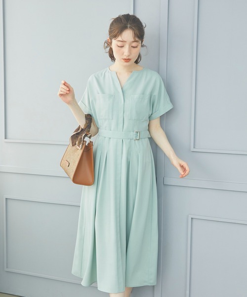 12Twelve Agenda（トゥエルブ　アジェンダ）の「両ポケウエストタックブッチャーワンピース（ワンピース・レディース・ミント/ネイビー/ブルーグリーン・M）」の4枚目の写真