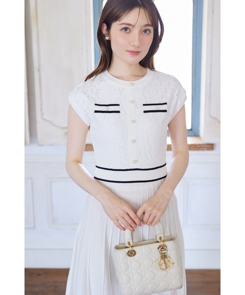 パール付きタック入りレース切り替えバイカラーワンピース　ベージュ×ブラック tocco closet 5月18日(水)再販決定☆パール付きタック入りレース