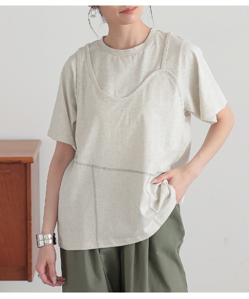 n'OrLABEL(ノアールレーベル)の「レイヤード風アシメカットソー(Tシャツ/カットソー・レディース・テラコッタ/チャコール/オートミール・2/1)」の3枚目の写真