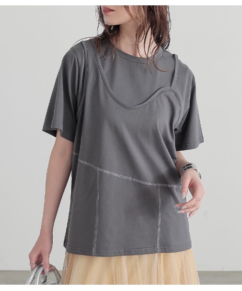n'OrLABEL(ノアールレーベル)の「レイヤード風アシメカットソー(Tシャツ/カットソー・レディース・テラコッタ/チャコール/オートミール・2/1)」の1枚目の写真