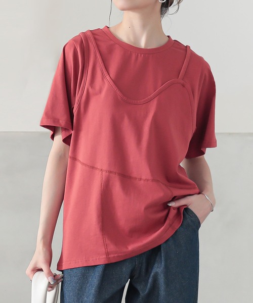 n'OrLABEL(ノアールレーベル)の「レイヤード風アシメカットソー(Tシャツ/カットソー・レディース・テラコッタ/チャコール/オートミール・2/1)」の2枚目の写真