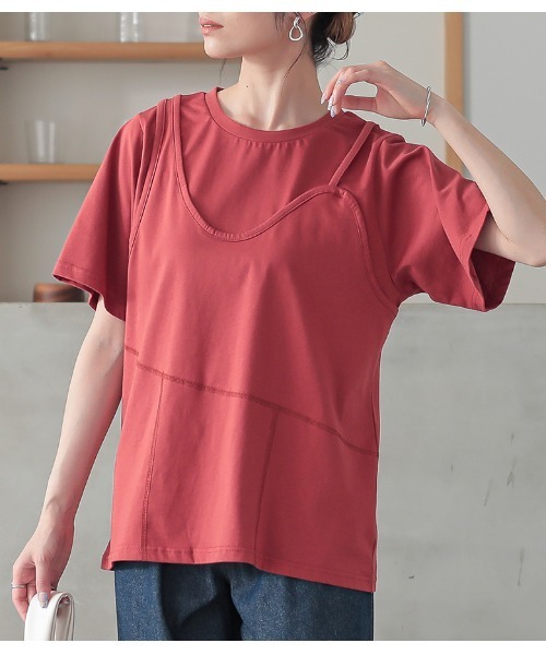 n'OrLABEL(ノアールレーベル)の「レイヤード風アシメカットソー(Tシャツ/カットソー・レディース・テラコッタ/チャコール/オートミール・2/1)」の6枚目の写真