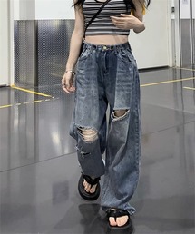 PRIDE ブラスト加工デニム ワイドパンツ ダメージ レディース