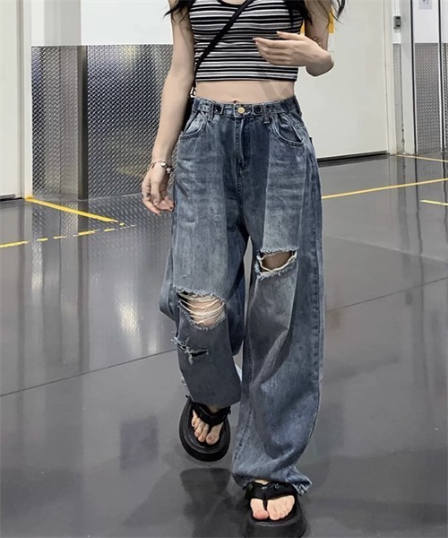 ダメージデニム ワイドパンツ ヴィンテージ加工 ストリート系 パンクファッション ダメージ加工 ワイドデニムパンツ パンツ