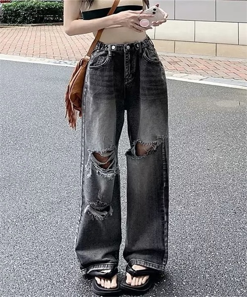 セール】ダメージ加工ワイドデニムパンツ（デニムパンツ