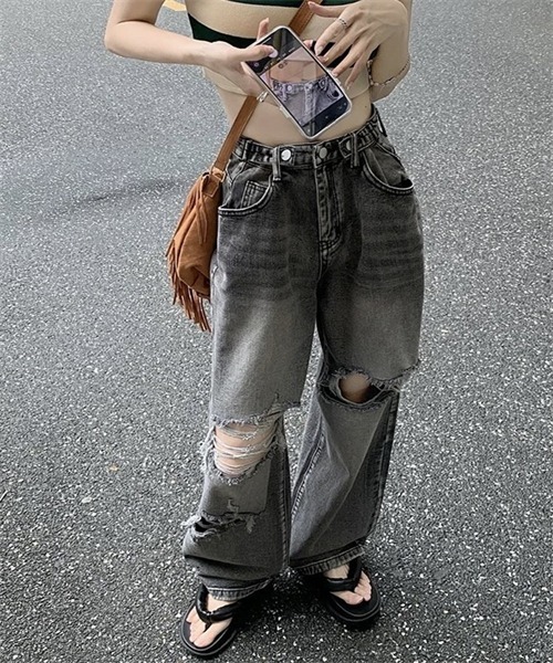 おしゃれストリートダメージ加工ワイドパンツデニムGパン セール】ダメージ加工ワイドデニムパンツ（デニムパンツ
