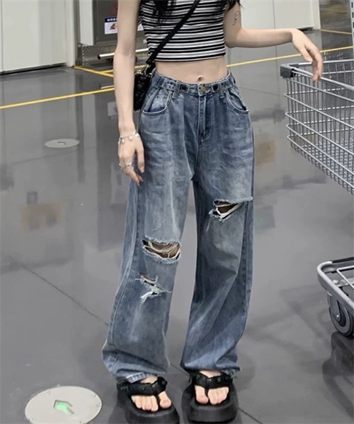 Dream garden(ドリームガーデン)の「ダメージ加工ワイドデニムパンツ(デニムパンツ・レディース・ブラック/ブルー・M/L/2XL/S/XL)」の12枚目の写真