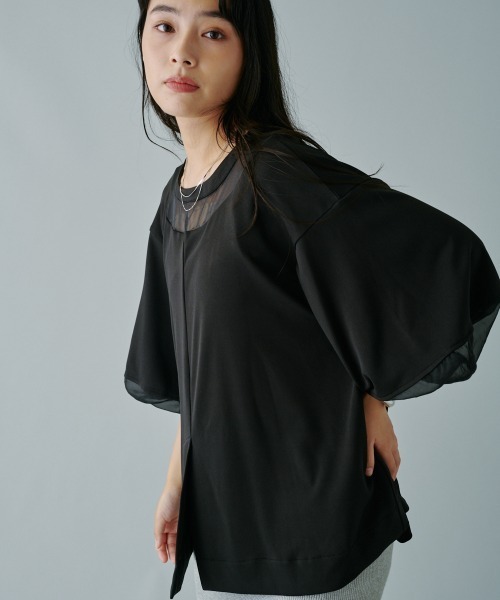 terrace(テラス)の「シアー切替プルオーバー(Tシャツ/カットソー・レディース・ブラック/オフホワイト/チャコールグレー・MEDIUM)」の1枚目の写真