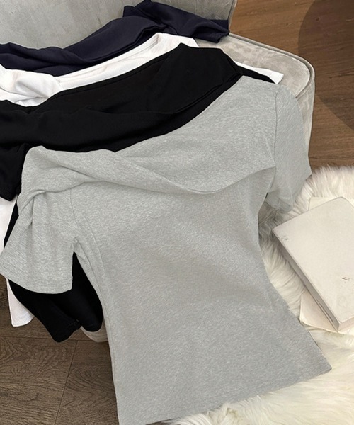 Miniministore(ミニミニストア)の「片方オフショルtシャツ レディース 半袖(Tシャツ/カットソー・レディース・ホワイト/ブラック/ネイビー/グレー・FREE)」の19枚目の写真