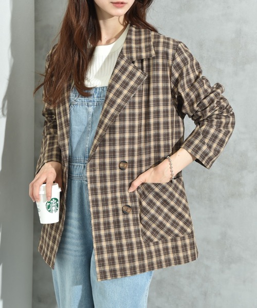 セール】再生チェック柄ダブルジャケット（テーラードジャケット