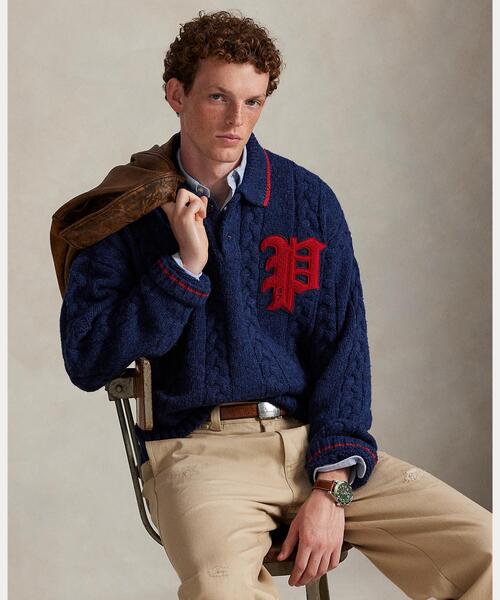 セール】ケーブルニット ポロカラー レター セーター（ニット/セーター