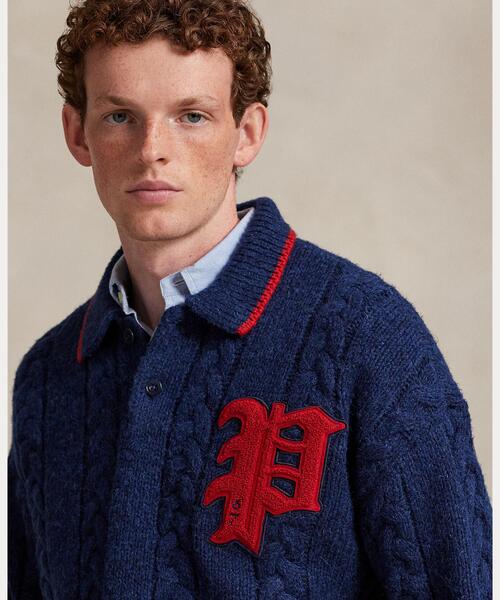 セール】ケーブルニット ポロカラー レター セーター（ニット/セーター