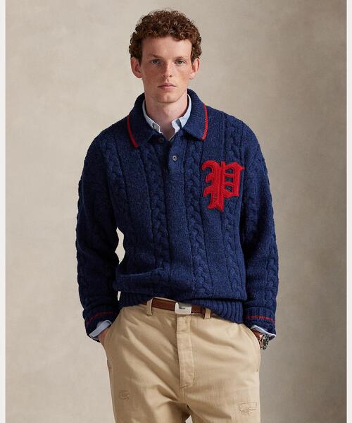 セール】ケーブルニット ポロカラー レター セーター（ニット/セーター