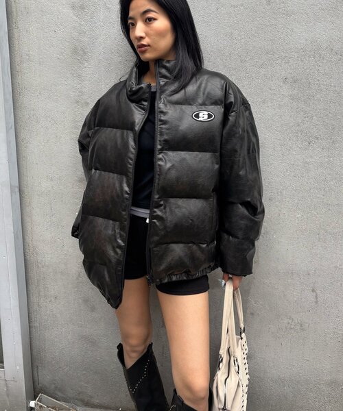 セール】【UNISEXS】Sロゴヴィンテージライクレザーブルゾン（ダウン