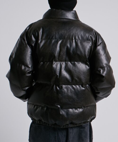 セール】【UNISEXS】Sロゴヴィンテージライクレザーブルゾン（ダウン