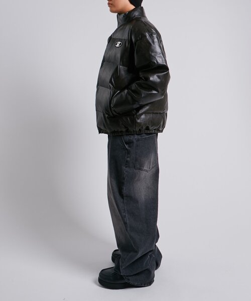 セール】【UNISEXS】Sロゴヴィンテージライクレザーブルゾン（ダウン