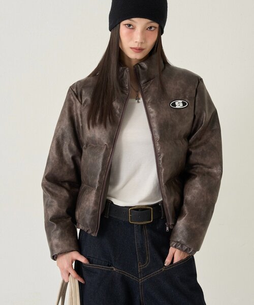セール】【UNISEXS】Sロゴヴィンテージライクレザーブルゾン（ダウン