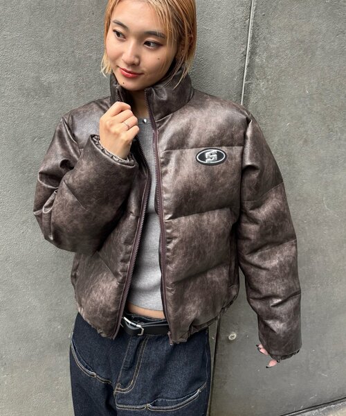 セール】【UNISEXS】Sロゴヴィンテージライクレザーブルゾン（ダウン