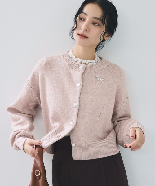 ハートアソートパール釦ラメミックスカーディガン/イージーケア・一部