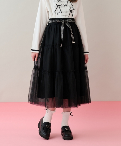 メゾピアノ新品新作タグ付き音符柄ベルトフリルチュールスカート150 音符柄ベルトフリルチュールスカート♪（スカート）｜mezzo piano