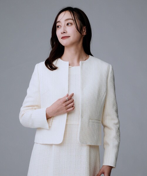 新品UNTITLEDノーカラージャケット　アイボリー　48(5L) セール】【セットアップ可/通勤スーツ/セレモニー】ツイードジャケット