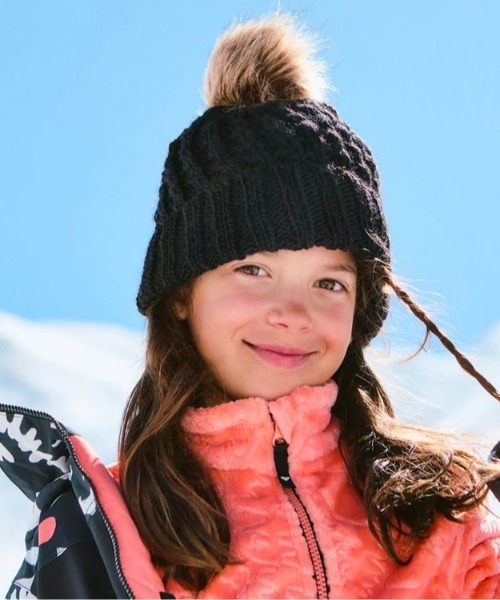 ROXY(ロキシー)の「BLIZZARD GIRL BEANIE /ロキシーキッズボンボン付きニット帽・ビーニー(ニットキャップ/ビーニー・キッズ・ライラック/ブラック・FREE)」の1枚目の写真
