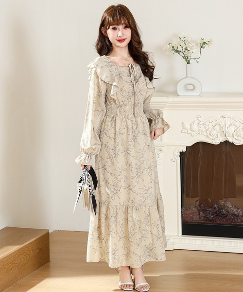 セール】ボタニカル柄 フリル リボン ティアード ロング ワンピース