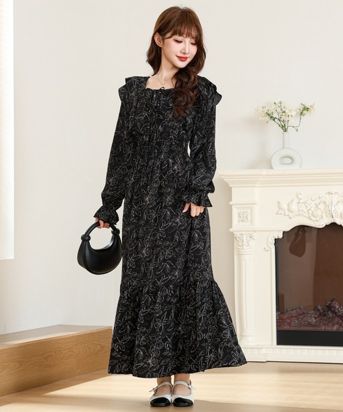 セール】ボタニカル柄 フリル リボン ティアード ロング ワンピース