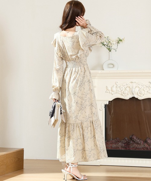 ボタニカル柄 フリル リボン ティアード ロング ワンピース