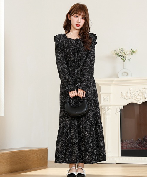 セール】ボタニカル柄 フリル リボン ティアード ロング ワンピース