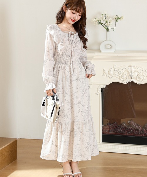 セール】ボタニカル柄 フリル リボン ティアード ロング ワンピース
