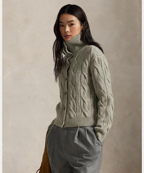 ケーブル ウールカシミヤ ファネルネック カーディガン（カーディガン