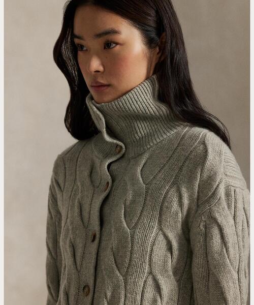 ケーブル ウールカシミヤ ファネルネック カーディガン（カーディガン