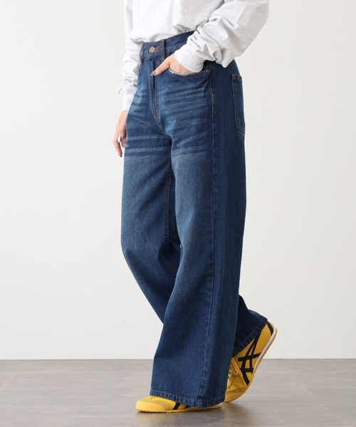 atONE(アットワン)の「ヴィンテージ加工デニムパンツ(その他パンツ・レディース・ネイビー/ワンウォッシュ・4L/M/LL/3L/L)」の1枚目の写真
