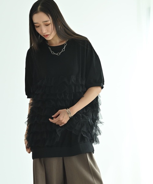 STYLE DELI(スタイルデリ)の「【BLK001】チュールレイヤードスウェット(スウェット・レディース・ブラック/グレー・FREE)」の7枚目の写真