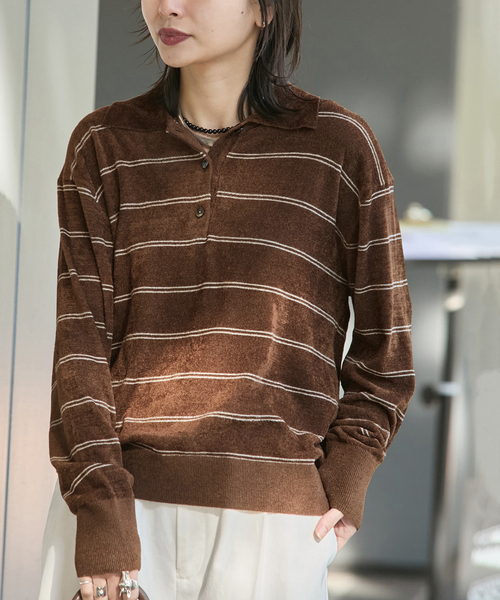 JOURNAL STANDARD(ジャーナルスタンダード)の「ベロアニットロングスリーブポロシャツ(ニット/セーター・レディース・ネイビー/ブラウン・FREE)」の1枚目の写真